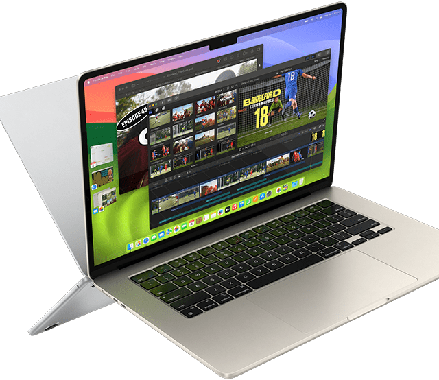 MacBook Air screen showing a video being edited to demonstrate M3 chip capabilities