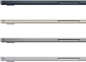 Four MacBook Air laptops, closed, showing the finish colors available: Midnight, Starlight, Space Gray, and Silver