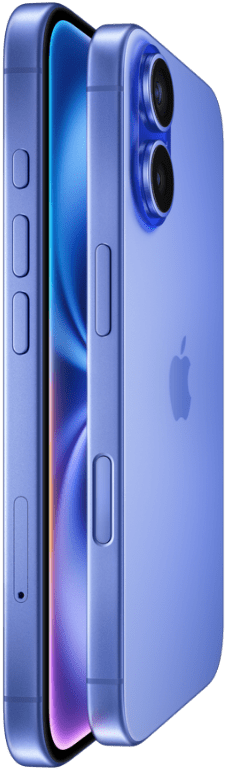 Two iPhone 16 devices, side exterior, stacked facing each other in Ultramarine finishes, volume buttons, Action button, Side button, Camera Control button, Apple logo in center, raised Advanced dual-camera system