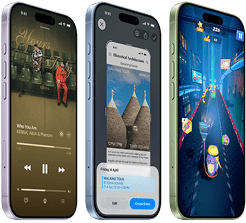 iPhone 17 devices, exterior front, exterior side, demonstrating Apple Music, Visual intelligence, gaming, buttons: Action button, volume