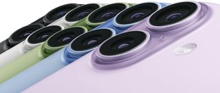 iPhone 17, exterior rear, Fusion dual-camera system, all five colors overlapping: Black, White, Sage, Mist Blue, and Lavender