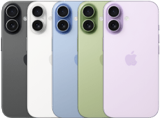 iPhone 17, exterior rear, Fusion dual-camera system, all five colors overlapping: Black, White, Sage, Mist Blue, and Lavender