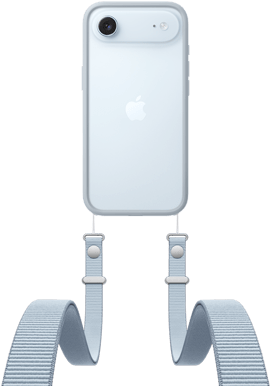 iPhone Air, back exterior, Sky Blue color, Fusion camera system near top, centered Apple logo, Crossbody Strap with Bumper in light gray color attached