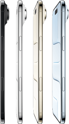 iPhone Air, side exterior, all four finishes, Sky Blue, Light Gold, Cloud White, Space Black, very thin profile, Fusion camera system, buttons: side, Camera Control