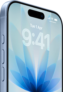 iPhone 17, exterior front, Blue Mist color, Dynamic island centered, buttons: action button, volume