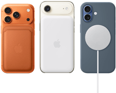 iPhone 17 Pro, back exterior, Cosmic Orange color, with Silicone Case in Sienna color and FineWoven Wallet with MagSafe in Fox Orange color; iPhone Air, back exterior, Cloud White color, with Magsafe Battery; iPhone 17, back exterior, Mist Blue color, with Silicone Case in Anchor Blue color and MagSafe Charger