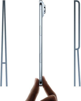 A thumb and forefinger holding iPhone Air, side exterior, Sky Blue color, very thin profile, Fusion camera system, buttons: side, Camera Control