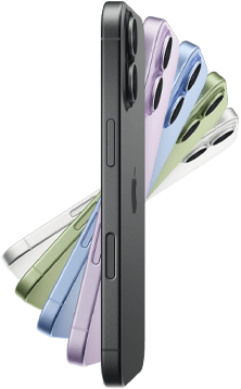 iPhone 17, exterior side, five colors: Black, Lavender, Mist Blue, Sage, and White
