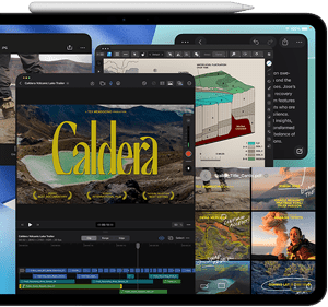 iPad Pro, front exterior, landscape orientation, space black color, Apple Pencil resting atop device, display showing multiple app windows tiled, including Final Cut Pro with multiple video editing features and timeline, Maps, Notes, and various media clips