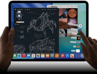 iPad Pro, space black color, left hand holding device, right hand pointing gesturing to manipulate multiple open app windows, a drawing app with sketches of mechanical designs, photos library of planets and space images, downloads folder files fanned out