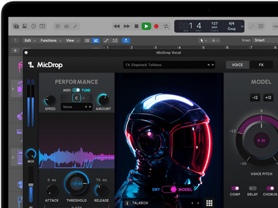Screen content demonstrating MicDrop software using AI features to edit a vocal recording on a MacBook Pro