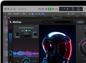 Screen content demonstrating MicDrop software using AI features to edit a vocal recording on a MacBook Pro