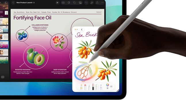 iPad Pro, front exterior display with dark blue and green gradient background with multiple apps open, hand holding Apple Pencil Pro circling a sketch showing Apple Intelligence Image Wand feature