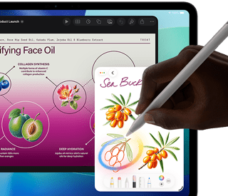 iPad Pro, front exterior display with dark blue and green gradient background with multiple apps open, hand holding Apple Pencil Pro circling a sketch showing Apple Intelligence Image Wand feature