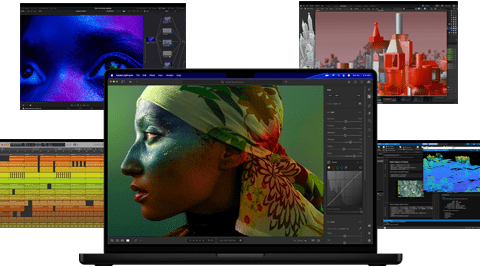 A variety of colorful screen content from music production, video editing, 3D animation, and photo editing apps on Mac, demonstrating powerful graphics performance