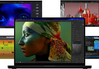 A variety of colorful screen content from music production, video editing, 3D animation, and photo editing apps on Mac, demonstrating powerful graphics performance