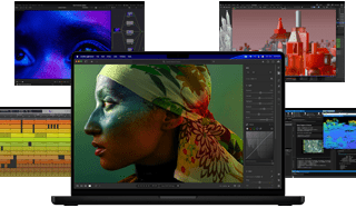 A variety of colorful screen content from music production, video editing, 3D animation, and photo editing apps on Mac, demonstrating powerful graphics performance