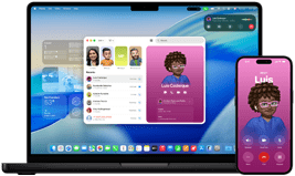 14-inch MacBook Pro and iPhone 16 — the iPhone is calling a contact named Luis while the MacBook Pro shows the same call in the Phone app