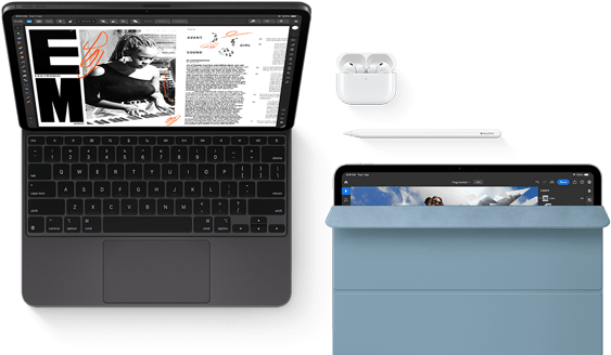 iPad Pro attached to Magic Keyboard, front exterior, space black color, rounded corners, black display bezel, open, display showing article editing app with text and photograph of a woman playing music, Airpods 4 in open case, blue Smart Folio cover on iPad Pro with Apple Pencil Pro resting atop device, cover slightly open revealing display