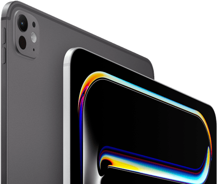 iPad Pro, back side exterior, space black color, volume buttons and pro camera system, iPad Pro, front side exterior, silver color, rounded corners, black display bezel, display showing black background with multicolored abstract line art
