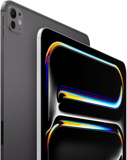 iPad Pro, back side exterior, space black color, volume buttons and pro camera system, iPad Pro, front side exterior, silver color, rounded corners, black display bezel, display showing black background with multicolored abstract line art