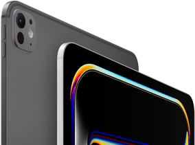 iPad Pro, back side exterior, space black color, volume buttons and pro camera system, iPad Pro, front side exterior, silver color, rounded corners, black display bezel, display showing black background with multicolored abstract line art