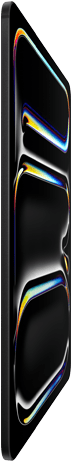 iPad Pro, front exterior, space black color, aluminum and glass enclosure, thin profile, tilted back with display showing multicolored line art