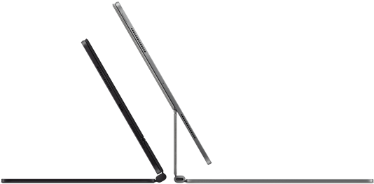 2 iPad Pro devices attached to Magic Keyboard, side exterior, thin profile, space black color with speakers and USB-C port, tilted half open, silver color, open, tilted back showing the keyboard’s floating cantilever design, speakers and microphone