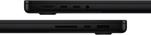 Showing the ports on MacBook Pro — left side: MagSafe 3, two Thunderbolt ports, and headphone jack — right side: SDXC card slot, one Thunderbolt port, and HDMI