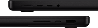 Showing the ports on MacBook Pro — left side: MagSafe 3, two Thunderbolt ports, and headphone jack — right side: SDXC card slot, one Thunderbolt port, and HDMI