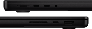 Showing the ports on MacBook Pro — left side: MagSafe 3, two Thunderbolt ports, and headphone jack — right side: SDXC card slot, one Thunderbolt port, and HDMI
