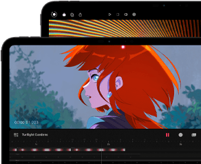 13-inch iPad Pro and 11-inch iPad Pro, front exterior, landscape orientation, space black color, rounded corners, black display bezel, 11-inch display showing a vibrant image of a character with red hair, 13-inch display showing colorful photo editing interface elements