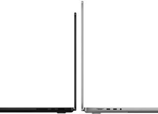 MacBook Pro 14-inch and 16-inch back to back, showing size difference and emphasizing the narrow profile