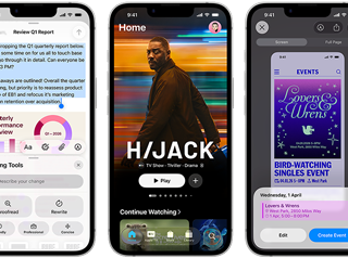 Side-by-side iPhone 17e devices showing different screens: a game being played, Writing Tools, Apple TV app, a calendar event being created, a Genmoji being created