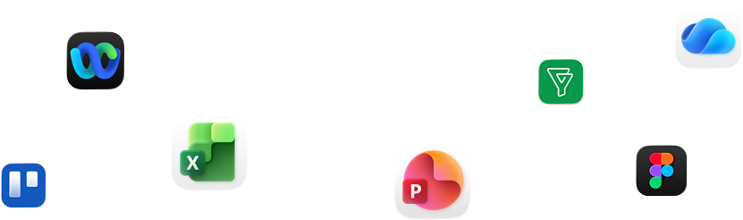 A variety of app icons in a scattered array including Webex, Microsoft Excel, Figma, and more