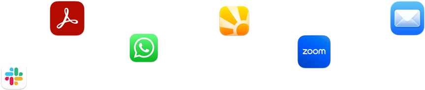 A variety of app icons in a scattered array including Slack, Zoom, Mail, and more