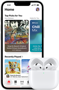 iPhone 17e, front exterior, Apple Music app with Home Screen open, next to AirPods 4 in open MagSafe Charging case