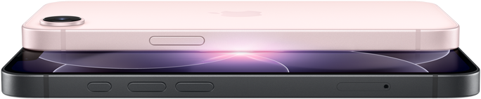 Front exterior of iPhone 17e in black color, partial front screen, side shows Action, volume buttons, Back exterior of iPhone 17e in soft pink color, single camera, side shows button