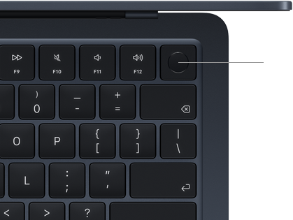 A close-up view of the Touch ID button in the top-right corner of a MacBook Air keyboard, with line connected to Touch ID icon, to show that you can touch the button to securely unlock the device