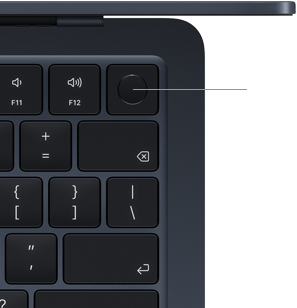 A close-up view of the Touch ID button in the top-right corner of a MacBook Air keyboard, with line connected to Touch ID icon, to show that you can touch the button to securely unlock the device