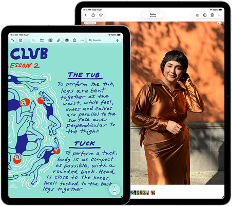 Two iPad Air, sizes: 11-inch and 13-inch, 11-inch shows colorful text on the Notes app, 13-inch screen shows a photo of a person on the Photos app
