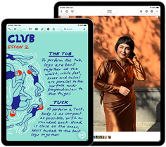 Two iPad Air, sizes: 11-inch and 13-inch, 11-inch shows colorful text on the Notes app, 13-inch screen shows a photo of a person on the Photos app