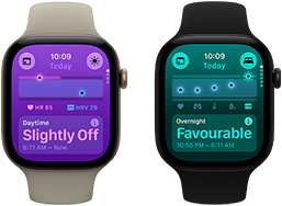 Two Apple Watch Series 12 devices: aluminum case, light gold color, Daytime Vitals Slightly Off, Digital Crown, sand Sport Band, aluminum case, black color, Overnight Vitals Favorable, Digital Crown, black Sport Band