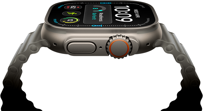 Apple Watch Ultra 4, titanium case, natural color, digital clock face, complications: readiness, heart rate, Workouts, temperature, right side exterior, Digital Crown, raised side button, Ocean Band, translucent gray color
