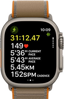 Apple Watch Ultra 4, titanium case, natural color, advanced Outdoor Run workout metrics, right side exterior, Digital Crown, raised side button, Trail Loop band, sand color