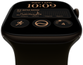 Apple Watch Series 12, aluminum case, dark bronze color, Modular watch face, complications: day and date, Workouts, Activity rings, Apple Music, right side exterior, Digital Crown, Sport Band, olive color